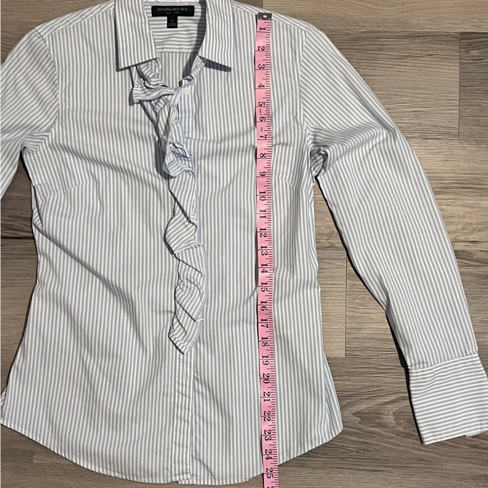Women’s Banana Republic Blue and White Striped Riley Dress Shirt with Ruffles - Picture 7 of 8